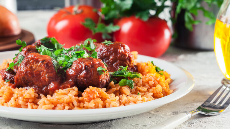 Mediterranean Orzo Bake with Lamb Meatballs