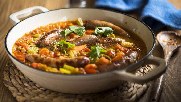 One Pot Garlic and Herb Sausages and Lentils